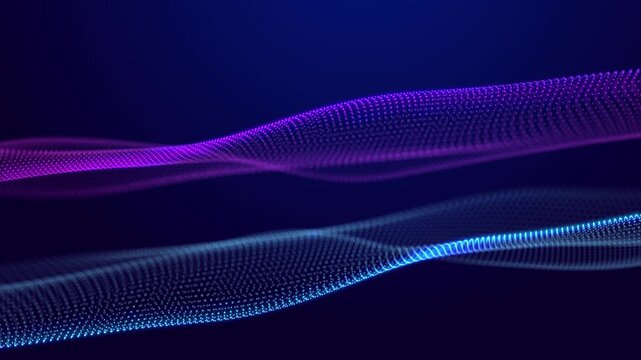 Waves transmit silent codes through a luminous matrix. Particles pulse with digital motion. 3D rendering. Seamless loop.