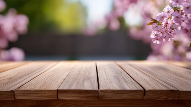 Empty wooden table with pink cherry blossoms in the background. Spring display for product presentation. Natural outdoor dining concept.