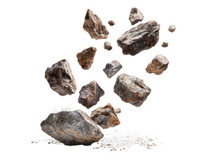 A collection of rocks falling through the air, captured in high speed