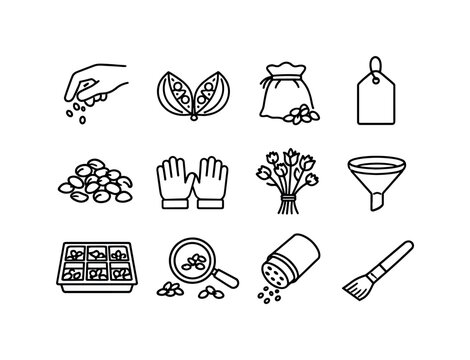 Seed Collection Icons. Seed Collection. Line icon set of Seed Collection: hand picking seeds, seed pods open, collection bag, label tag, harvested seeds,