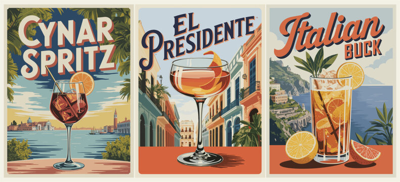 Vintage style cocktail poster triptych featuring Italian inspired drinks with coastal landscapes bold colors and retro typography for bar and hospitality branding