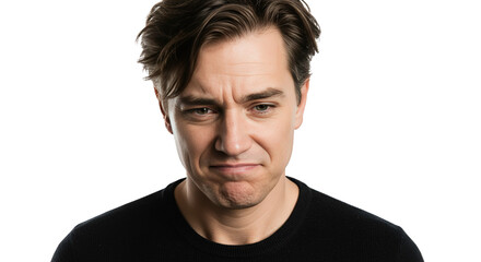 Man with frown expression wearing black t-shirt for emotion and fashion concept, isolated on transparent background.