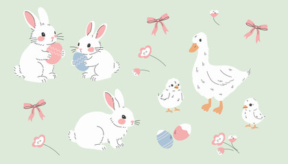 Cute Easter animals set with bunny, goose and chicks. Hand drawn pastel spring illustration © Jevgeniya Mukhitova