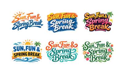 Obraz premium Spring Break Lettering Grid. Sun, fun & spring break. Set lettering. harmonious lettering variations of the same emblematic concept, each with different