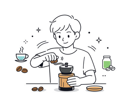 Calm Coffee Grinding. Hand coffee grinding. A person gently turning a manual grinder handle, focused and relaxed atmosphere. Slow coffee-making process with