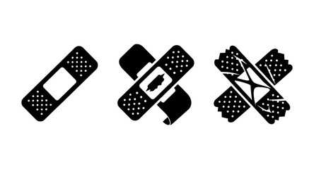 Set of three black adhesive bandages or plasters in different styles