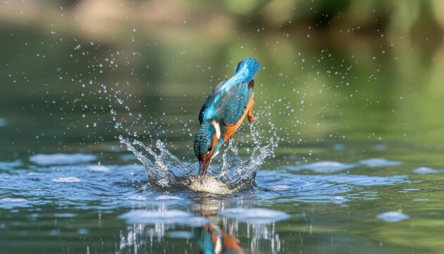 Eisvogel f&auml;ngt erfolgreich einen kleinen Fisch im Fluss