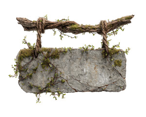 A rustic stone sign hanging from a twisted wooden branch, adorned with moss