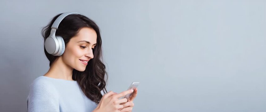 Young woman listening to music on headphones and using smartphone on light background