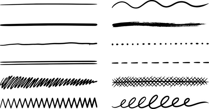 hand drawn line divider and underline set with straight wavy dotted dashed zigzag and scribble strokes for text separation and minimalist graphic design use