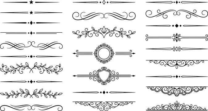 elegant decorative divider and ornament set with vintage flourishes symmetrical borders and classic separators in refined black and white line illustration style