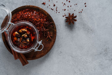 Spicy chili crisp oil sauce with roasted salted peanuts