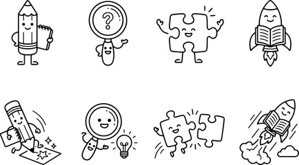 Obraz premium hand drawn doodle character set showing thinking learning creativity problem solving ideas questions and puzzles in playful black and white line illustration style
