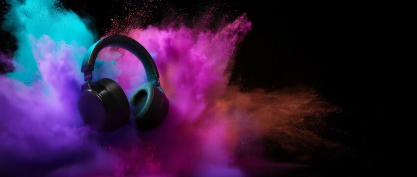 Headphones surrounded by colorful powder explosion on dark background music and audio concept