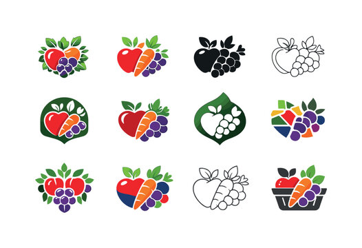Food Market Icons. Food markets. Icon set. Set Logo of Food markets: fruit and vegetable icons cluster. harmonious logo variations of the same emblematic