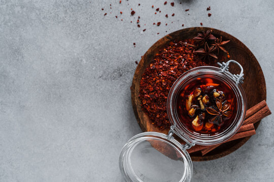 Spicy chili crisp oil sauce with roasted salted peanuts