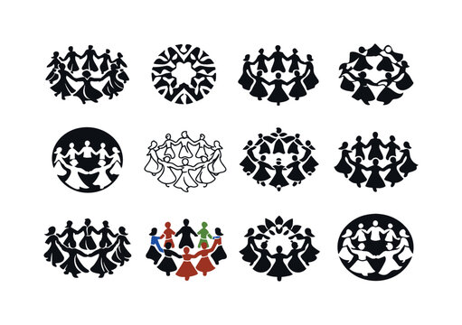 Traditional Dance Icons. Joyful dancers in traditional costumes. Icon set. Set Logo of Joyful dancers in traditional costumes: group circle dance. harmonious