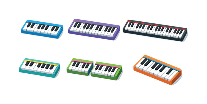 Colorful Keyboard Grid. Keyboard Sections. Isometric flat vector icons set of Keyboard Sections: two-octave keyboard, three-octave keyboard, full piano