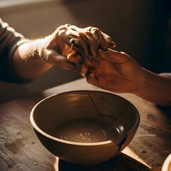 Two hands holding a cracked pottery bowl, artisan repair, kintsugi concept, warm light