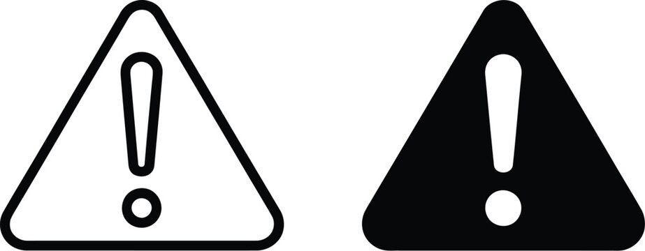 Warning triangle icon, outline and solid black versions showing caution alert symbol with centered exclamation mark