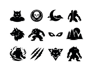 Fototapeta premium Werewolf Icon Set. Mythical Werewolf. Solid icon set of Mythical Werewolf: legendary wolfman, ancient curse symbol, moon crest, beast transformation, fur