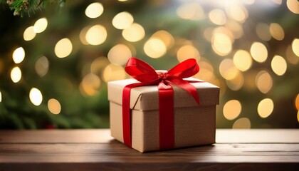 Sustainable Christmas Gift Box With A Red Ribbon And Festive Background Lights