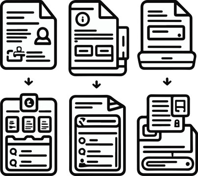  knowledge management objects, knowledge base library, internal wiki page, information tagging labels, search knowledge bar, shared document icon, bold black thick outline line art 2