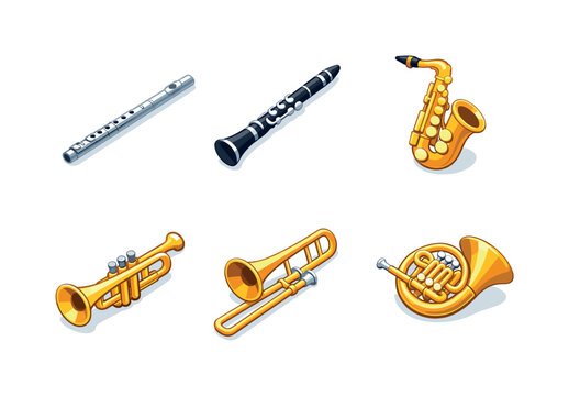 Wind Instrument Icons. Wind Instruments. Isometric flat vector icons set of wind instruments: flute, clarinet, saxophone, trumpet, trombone, french horn.