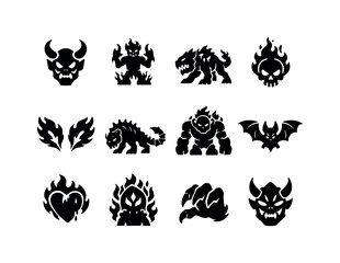 Infernal Creatures Icons. Infernal Creatures. Solid icon set of Infernal Creatures: horned devil, fire demon, lava hound, inferno skull, flame wings, spiked
