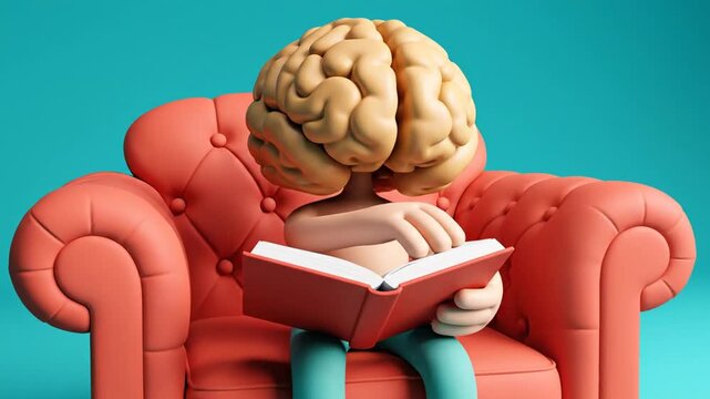 A humanoid figure with a brain head sits in a red armchair reading a book in a calm environment from a front viewpoint