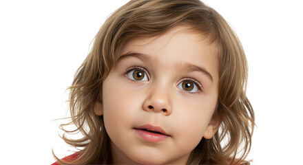 Caucasian child face with surprised expression isolated on transparent background.