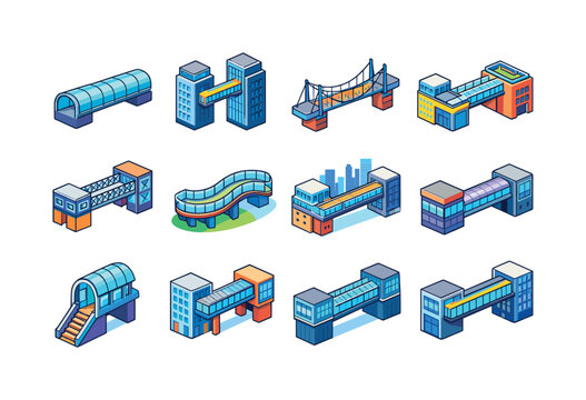 Colorful Skybridge Icons. Skybridge. Colorful isometric vector icons set of Skybridge: modern glass skybridge, high-rise bridge connector, suspended walkway,