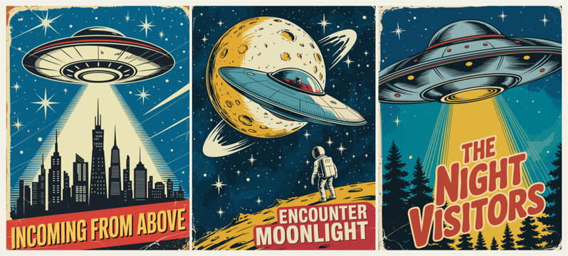 Retro sci fi poster triptych featuring classic UFO sightings over city space and forest scenes with distressed vintage texture and bold mid century design