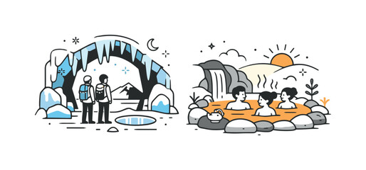 Fototapeta premium Earth's Contrasting Wonders. Natural wonders of the planet. Ice caves and hot springs are shown side by side, highlighting contrast between extreme cold and