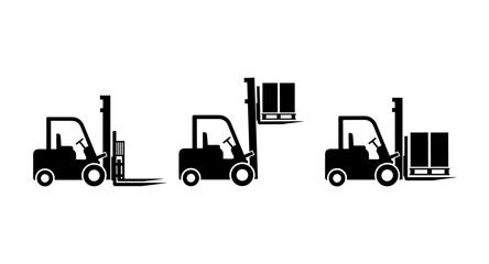 Three forklift icons showing different stages of loading and unloading cargo
