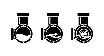 Three icons showing different stages of water flow through a pipe system