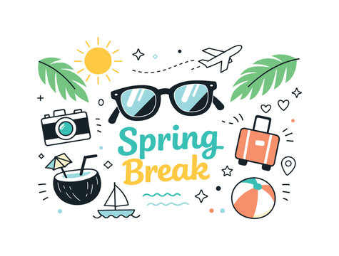 Spring Break Vibes. Abstract spring break concept. Sunglasses, palm leaves, sun, and travel icons floating in a balanced composition. The scene feels fresh,