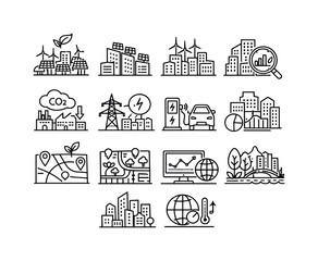Obraz premium Sustainable Smart City Icons. Sustainable Smart City. Line icon set of Sustainable Smart City: renewable energy city, solar panels on buildings, wind turbines