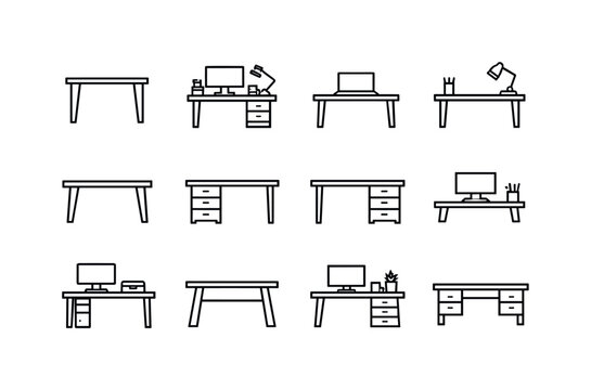 Office Desk Icons. Office Table. Line icon set of Office Table: work desk table, office desk setup, table with laptop, writing desk, minimalist office table,
