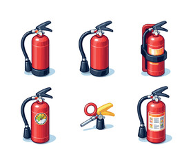 Obraz premium Fire Extinguisher Icons. Fire Extinguisher. Isometric flat vector icons set of Fire Extinguisher: classic red fire extinguisher, fire extinguisher with hose,