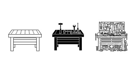 Collection of workbench illustrations showing different stages of setup and tools