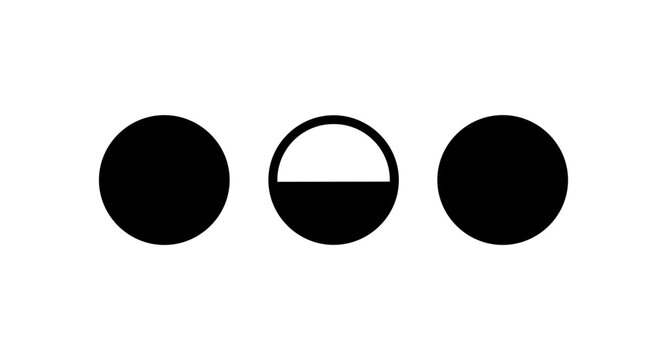 Three circles in a row, one half filled, representing phases or progress