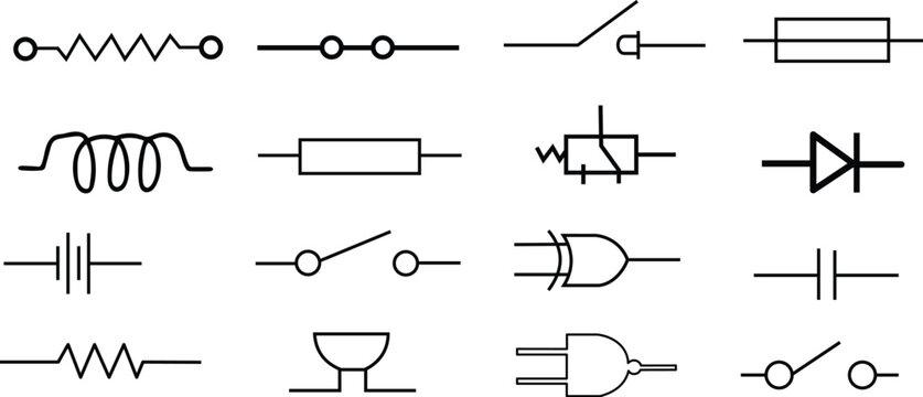 Electronic Circuit Symbols Set Isolated on Transparent Background &ndash; Resistor, Capacitor, Inductor, Diode, Switch, Logic Gate and Electrical Components Line Icons for Engineering Diagram 