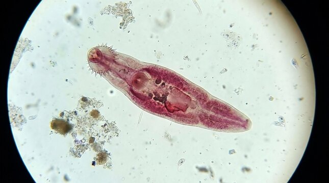 Microscopic view of a stained trematode parasite fluke