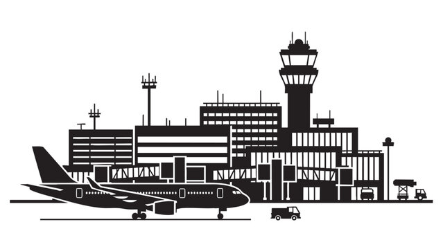 Airport Terminal and Airplane Silhouette on Transparent Background