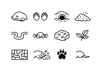 Obraz premium Mole Icon Set. Mole. Line icon set of Mole: mole animal, tiny paws, burrow entrance, soil mound, tunnel path, nose whiskers, earth clod, leaf sprig,