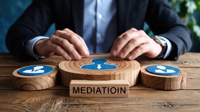 Businessman mediating conflict resolution on wooden puzzle pieces on a table