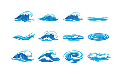 Obraz premium Colorful Ocean Wave Icons. Ocean waves. Colorful flat vector icons set of Ocean waves: rolling sea wave, gentle swell, wave peak, smooth tide line, flowing