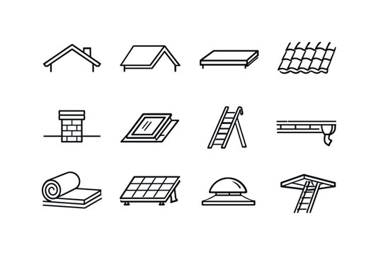 Roof Icon Set. Roof. Line icon set of Roof: house roof, gable roof, flat roof, roof tiles, chimney, skylight window, roof ladder, rain gutter, roof insulation,