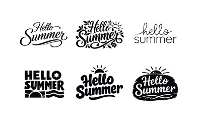 Fototapeta premium Summer Lettering Styles Grid. Hello summer vibes. Set lettering. harmonious lettering variations of the same emblematic concept, each with different artistic